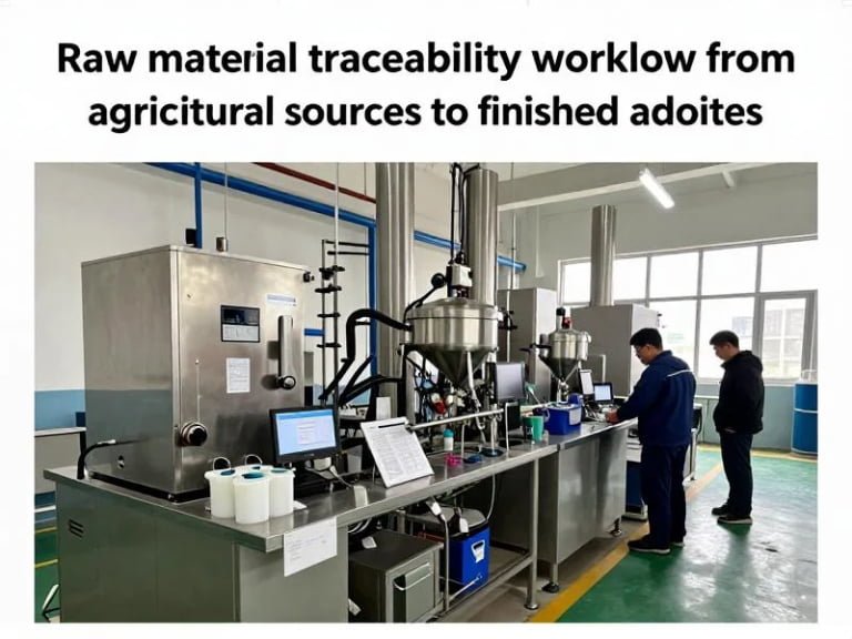 Raw material traceability workflow from agricultural sources to finished additives