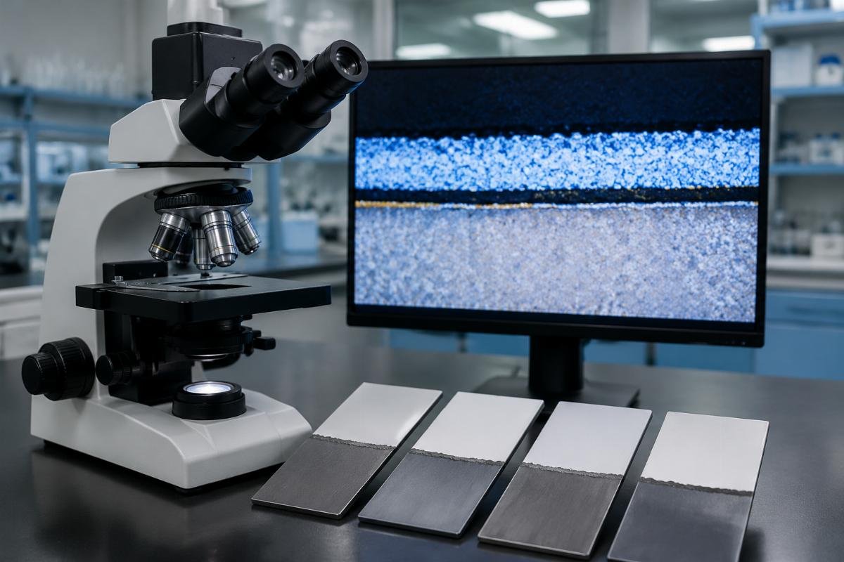 Microscopic view showing coating thickness differences between material batches Material surface variation microscopy