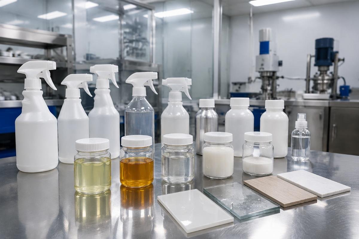 Various additive bottles and spray applicators for different material types Different additive types testing